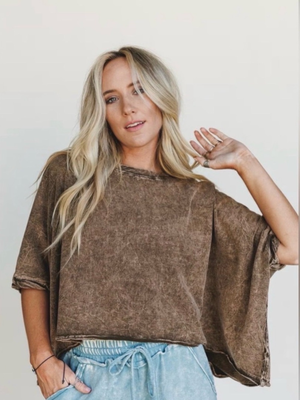 Zenana Outfitters Brown Mineral-Wash Short Sleeve Top